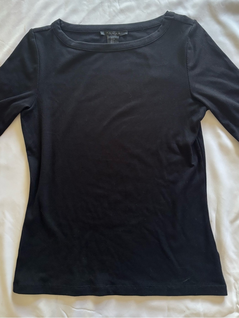Tahari Black Ribbed Crewneck Long Sleeve Top